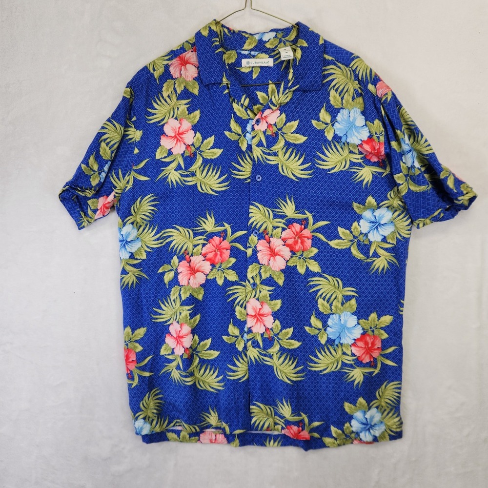 Cubavera Mens Blue Tropical Hibiscus‎ Floral Short Sleeve Button Down Shirt M